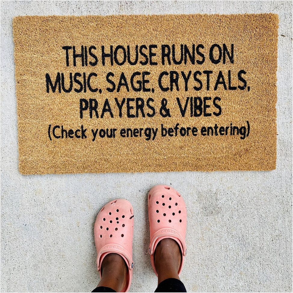 Check Your Energy Doormat This House Runs On Music Sage Crystals Prayers And Vibes Doormat-1