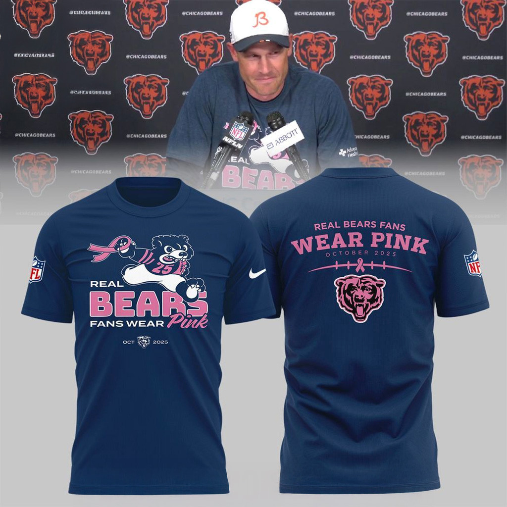 Chicago Bears Real Bear Fans Wear Pink 2025 T-Shirt Bears Merch Christmas Presents For Dad-1