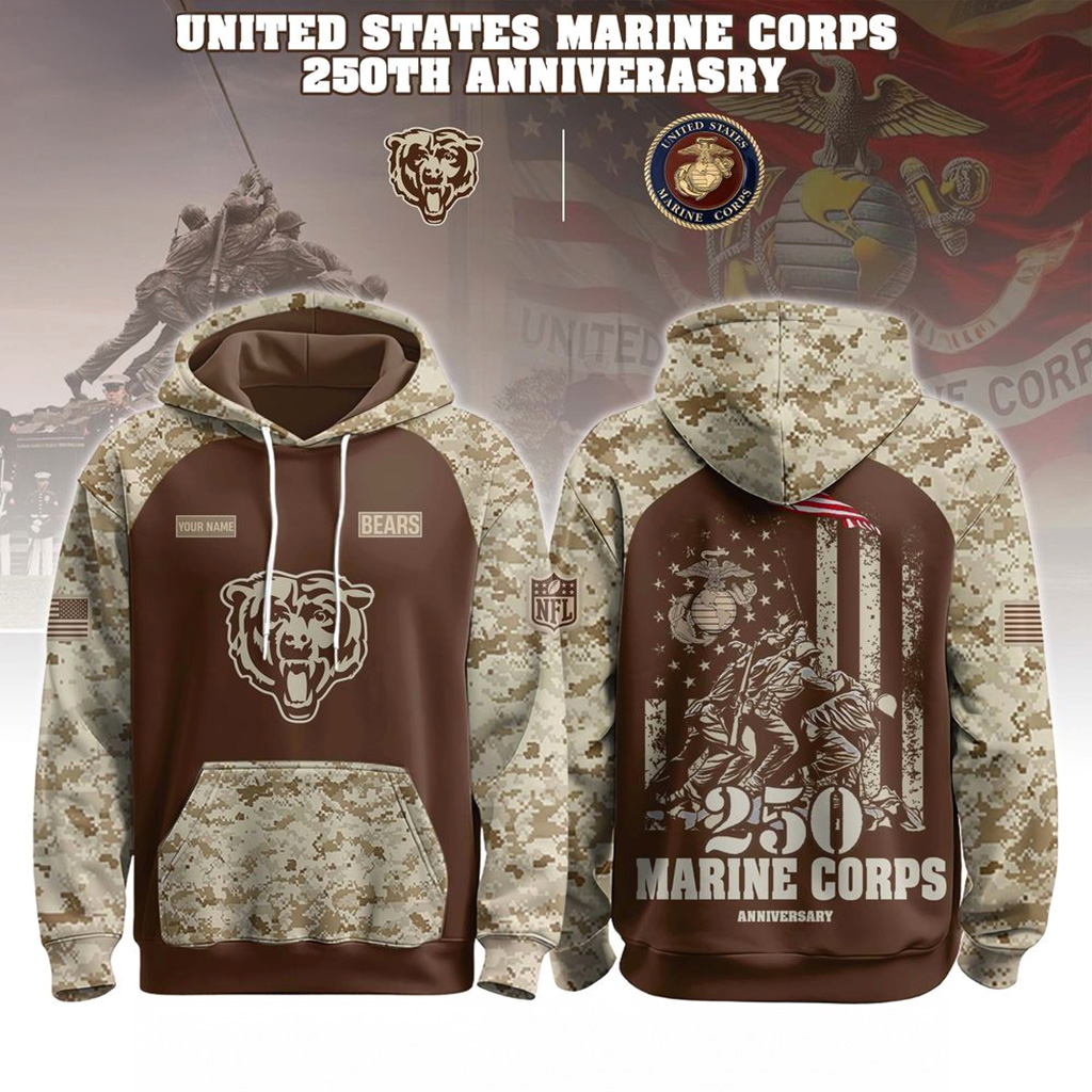 Chicago Bears USMC 250th Birthday Hoodie Chicago Bears Merch Football Fan Gift Ideas-1