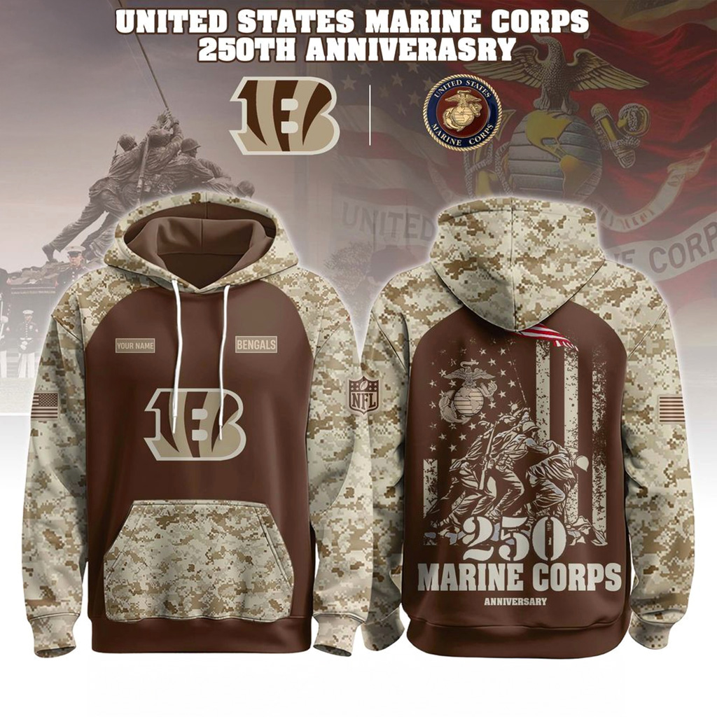 Cincinnati Bengals USMC 250th Birthday Hoodie Bengals Merch Football Fan Gift Ideas-1