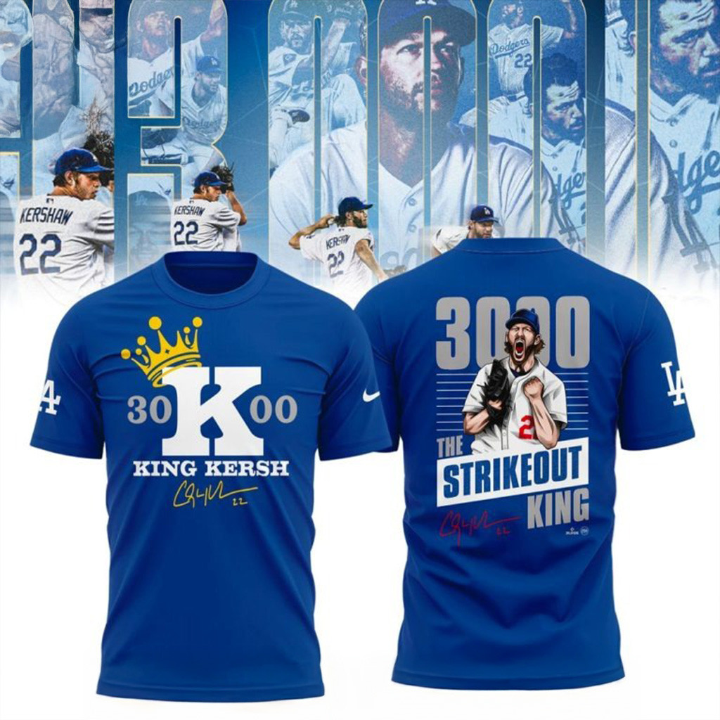 Clayton Kershaw Makes History And Joins The 3000 Strikeout Club Blue T-Shirt Fan Merch-1