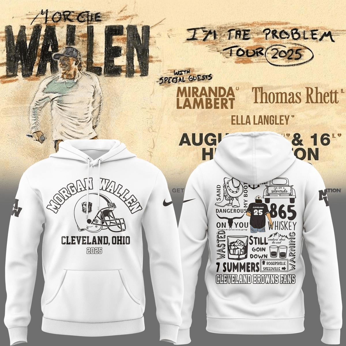 Cleveland Browns X Morgan Wallen Tour White Hoodie Cleveland Browns Merch For Fans-1 Cleveland Browns X Morgan Wallen Tour White Hoodie Cleveland Browns Merch For Fans-1