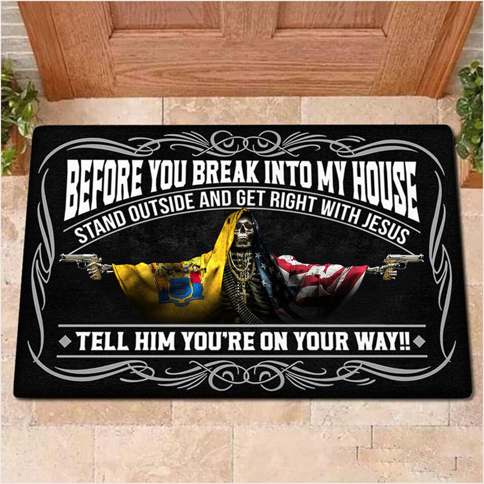 Copy of New Hampshire Flag And USA Flag Skull With Gun Doormat Before You Break Into My House Doormat-1