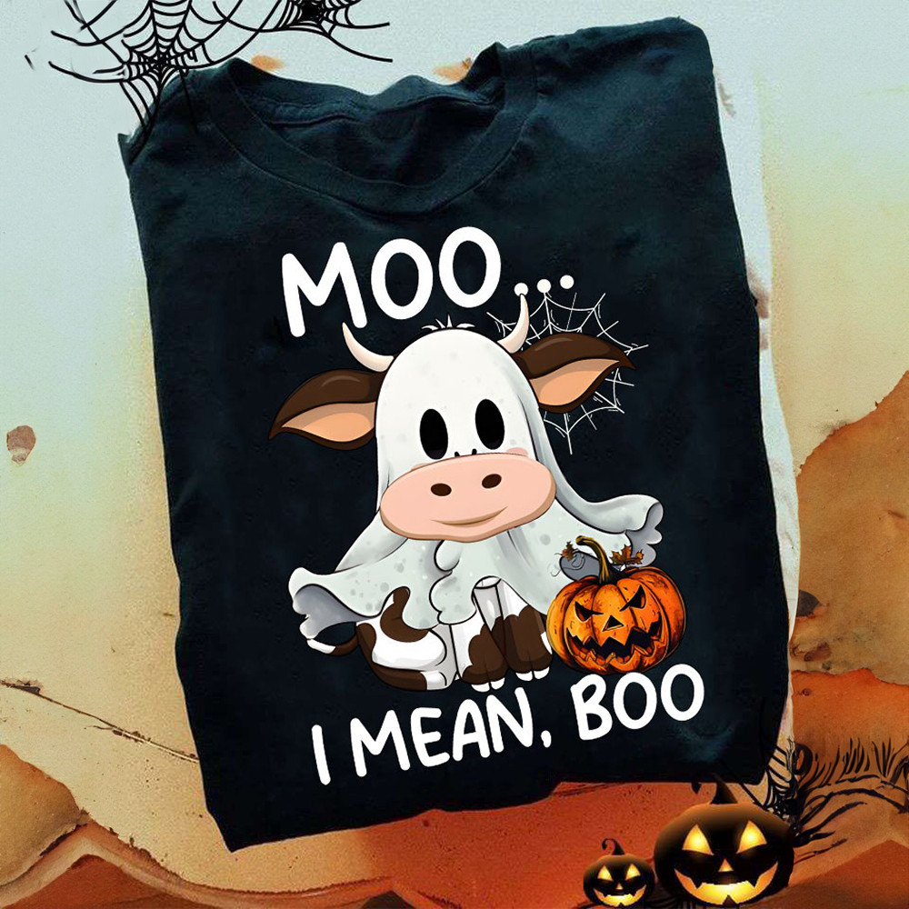Cow Moo I Mean Boo Halloween T-Shirt Pumpkin Cute Cow Halloween Shirt-1