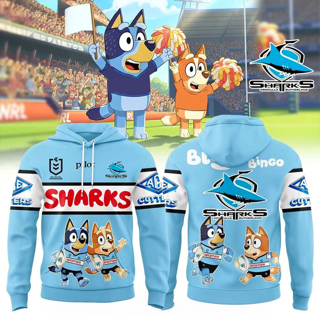 Cronulla Sharks Bluey And Bingo Hoodie Cronulla Sharks Merch Gift Ideas For Boyfriend-1