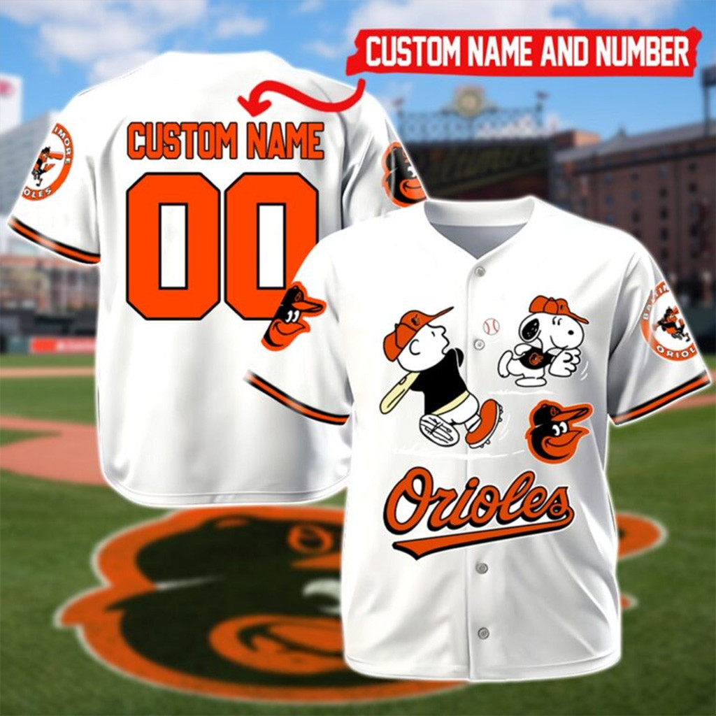 Custom Baltimore Orioles Charlie Brown and Snoopy Playing Baseball Jersey Orioles Merch-1