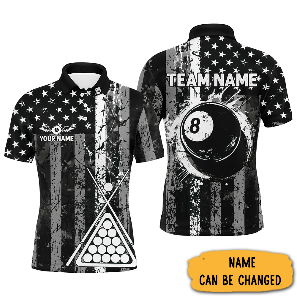 Custom Black Grunge USA Flag Billiard Polo Shirt For Men Patriotic Golf Shirt-1