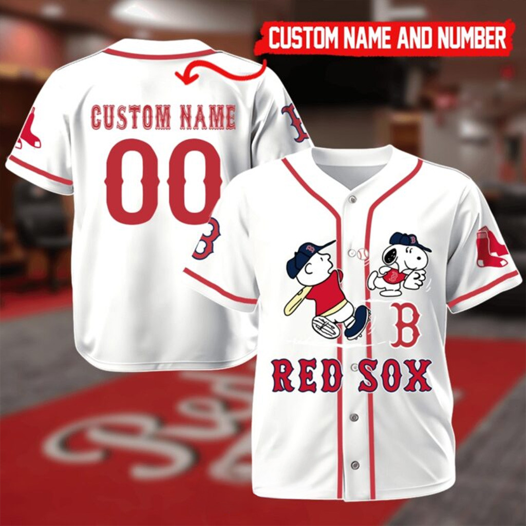 Custom Boston Red Sox Mix Charlie Brown and Snoopy Baseball Jersey Boston Red Sox Merch-1
