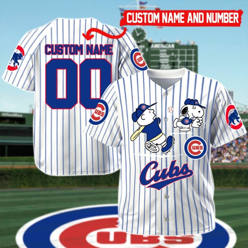 Custom Chicago Cubs Mix Charlie Brown And Snoopy Playing Baseball Jersey Present For Husband-1