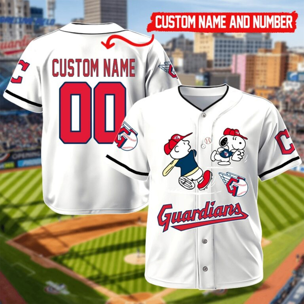 Custom Cleveland Guardians Charlie Brown Snoopy Playing Baseball Jersey Guardians Merch-1