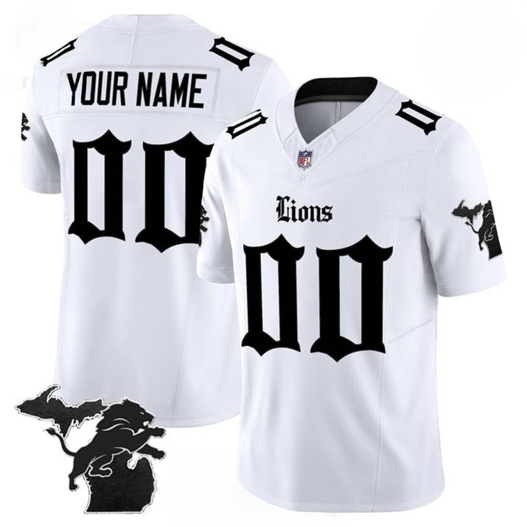Custom Detroit Lions Gothic Motor Grit Special Design Football Jersey White Detroit Lions Merch-1