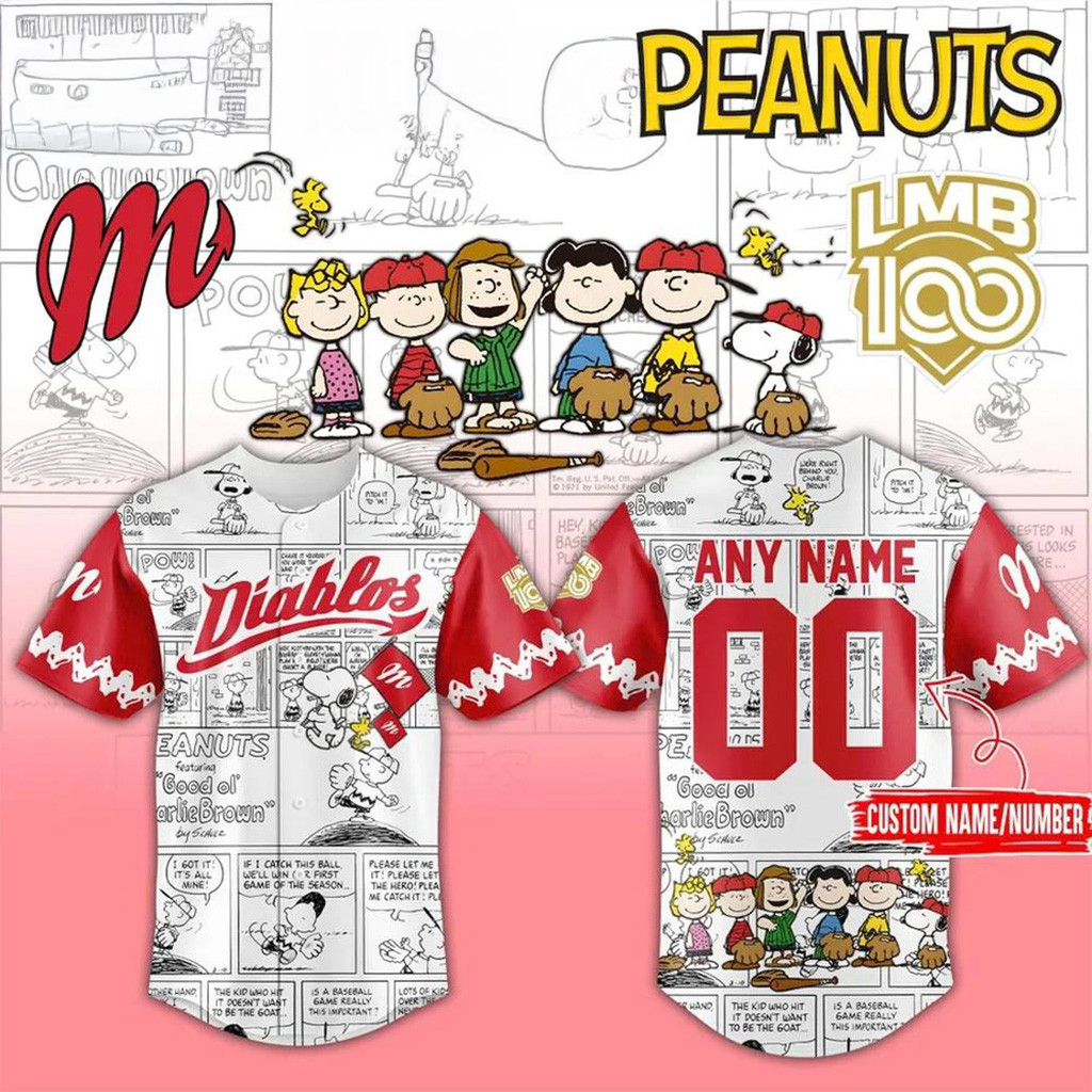 Custom Diablos Rojos del Mexico x Peanuts Baseball Jersey Unique Gifts For Baseball Fans-1