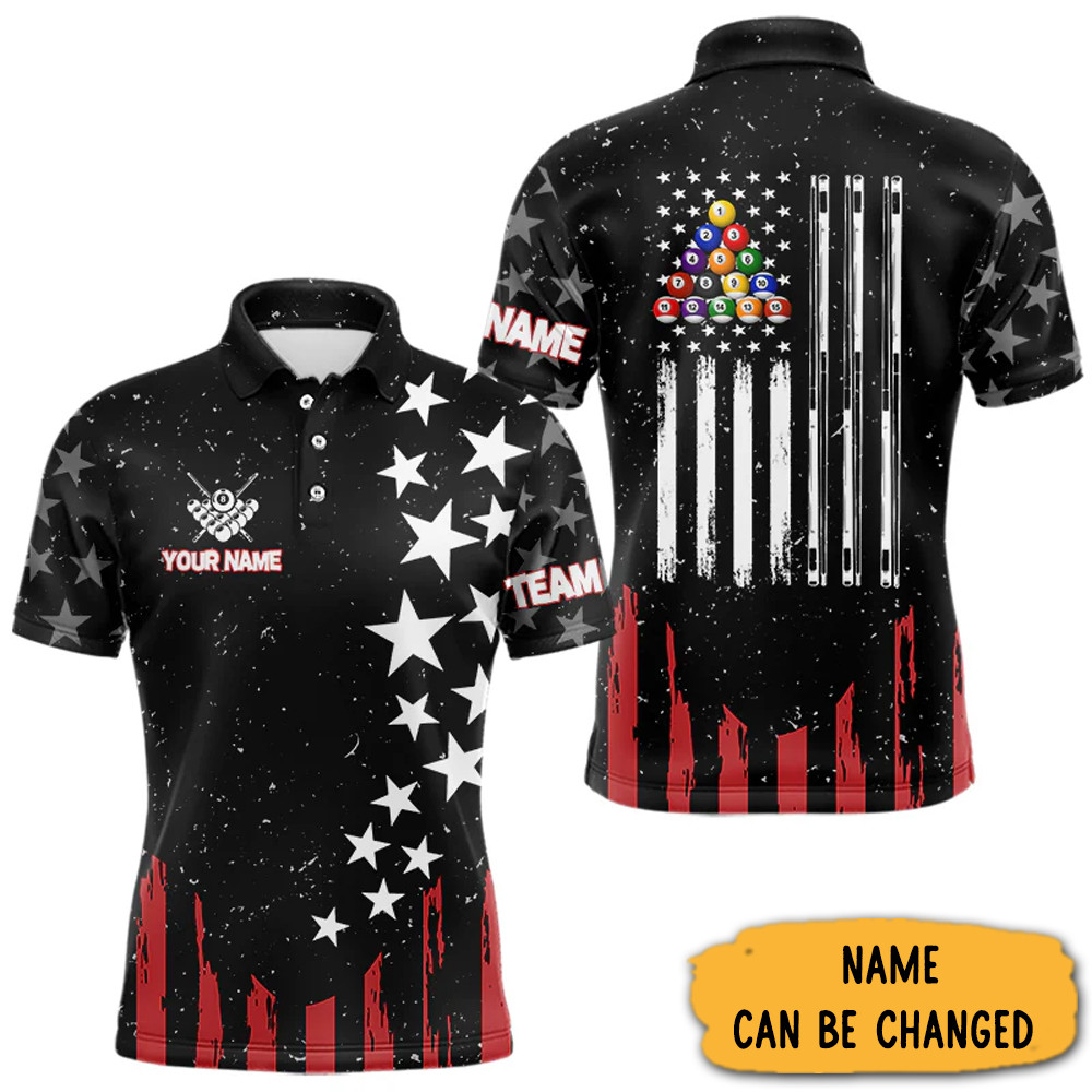 Custom Grunge American Flag Billiard Polo Shirt For Men Patriotic Billiard Pool Shirt-1