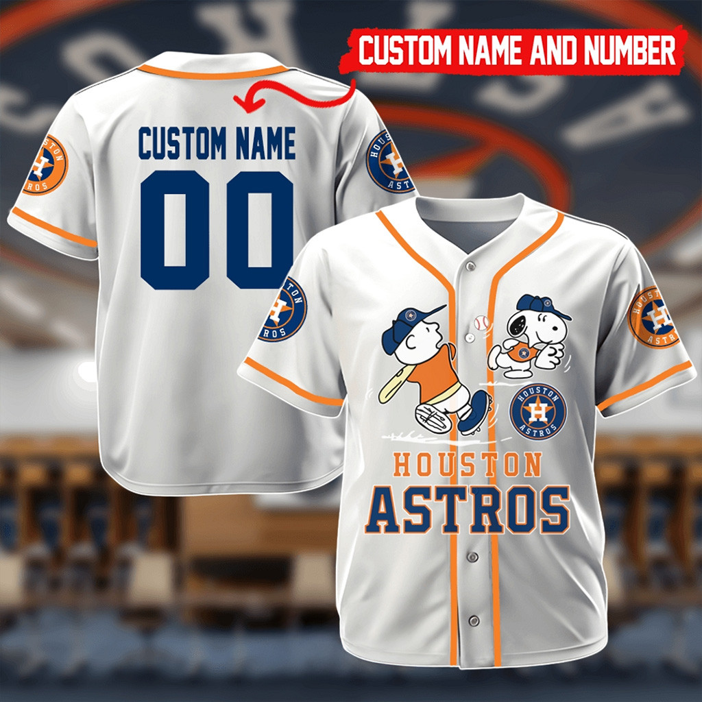 Custom Houston Astros Mix Charlie Brown And Snoopy Playing Baseball Jersey Astros Merch-1