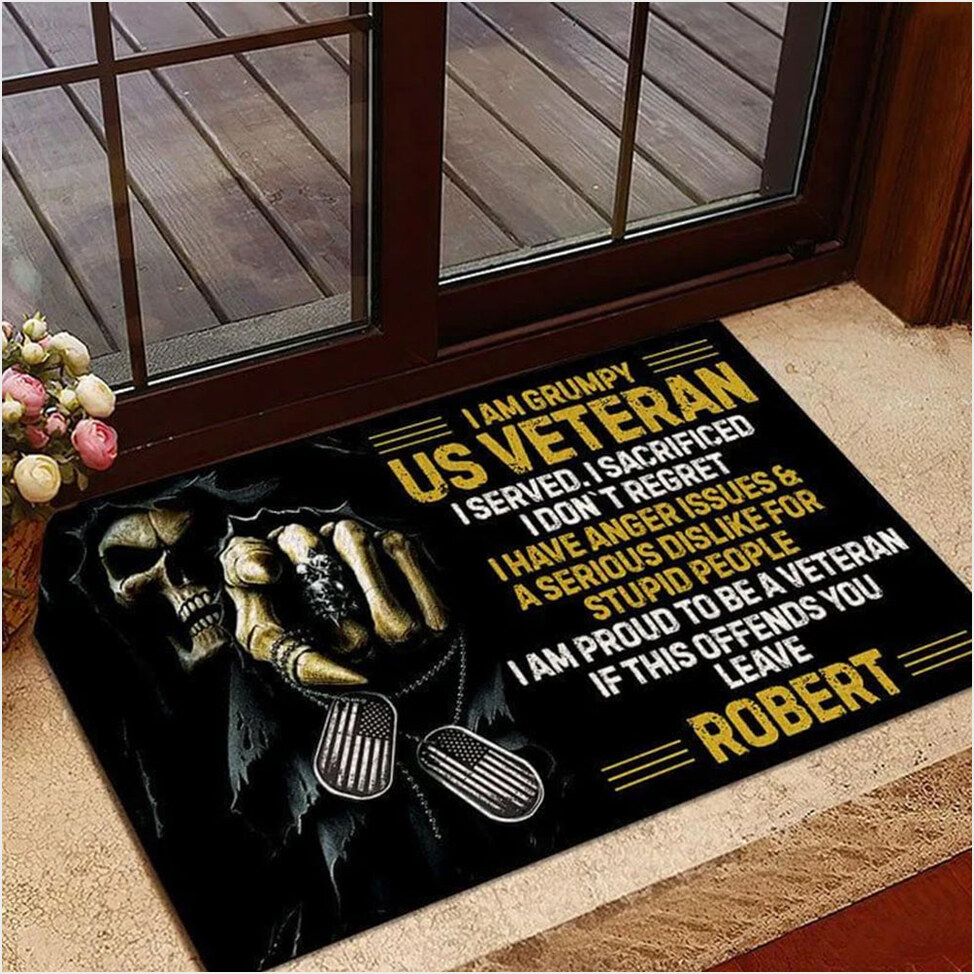 Custom I Am Grumpy US Veteran Doormat Skull Funny Mats For Front Door Veteran Day Gifts-1