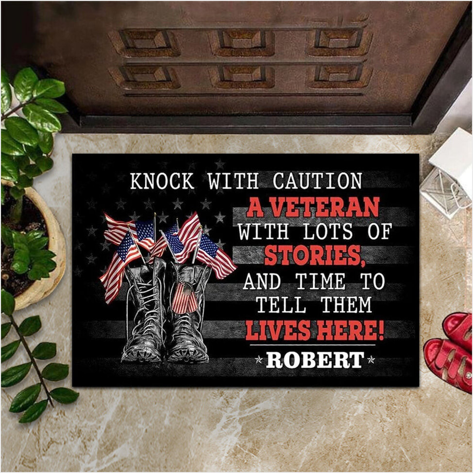 Custom Knock With The Caution A Veteran With Lots Of Stories Doormat Veteran Day Decor-1