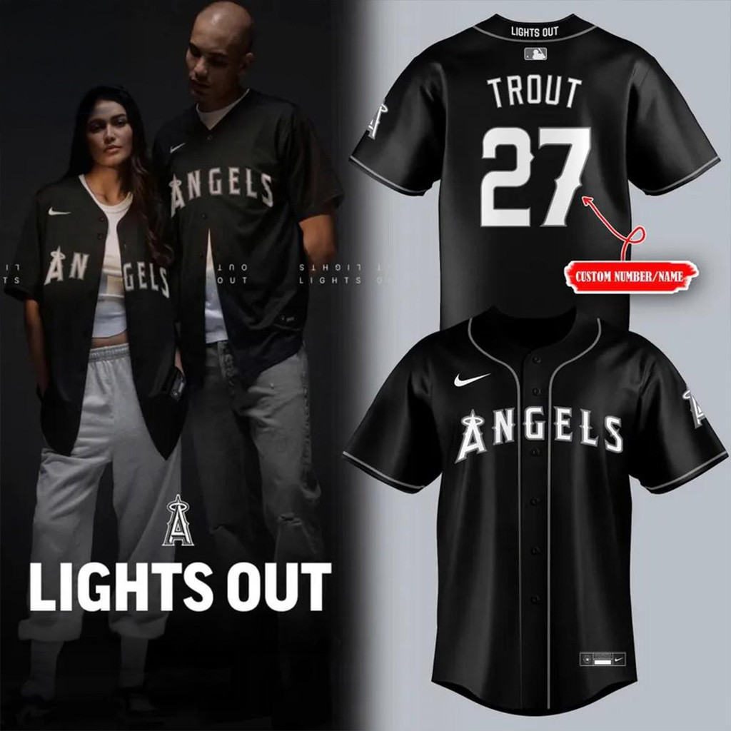 Custom Los Angeles Angels Black Lights Out Baseball Jersey Los Angeles Angels Merch-1