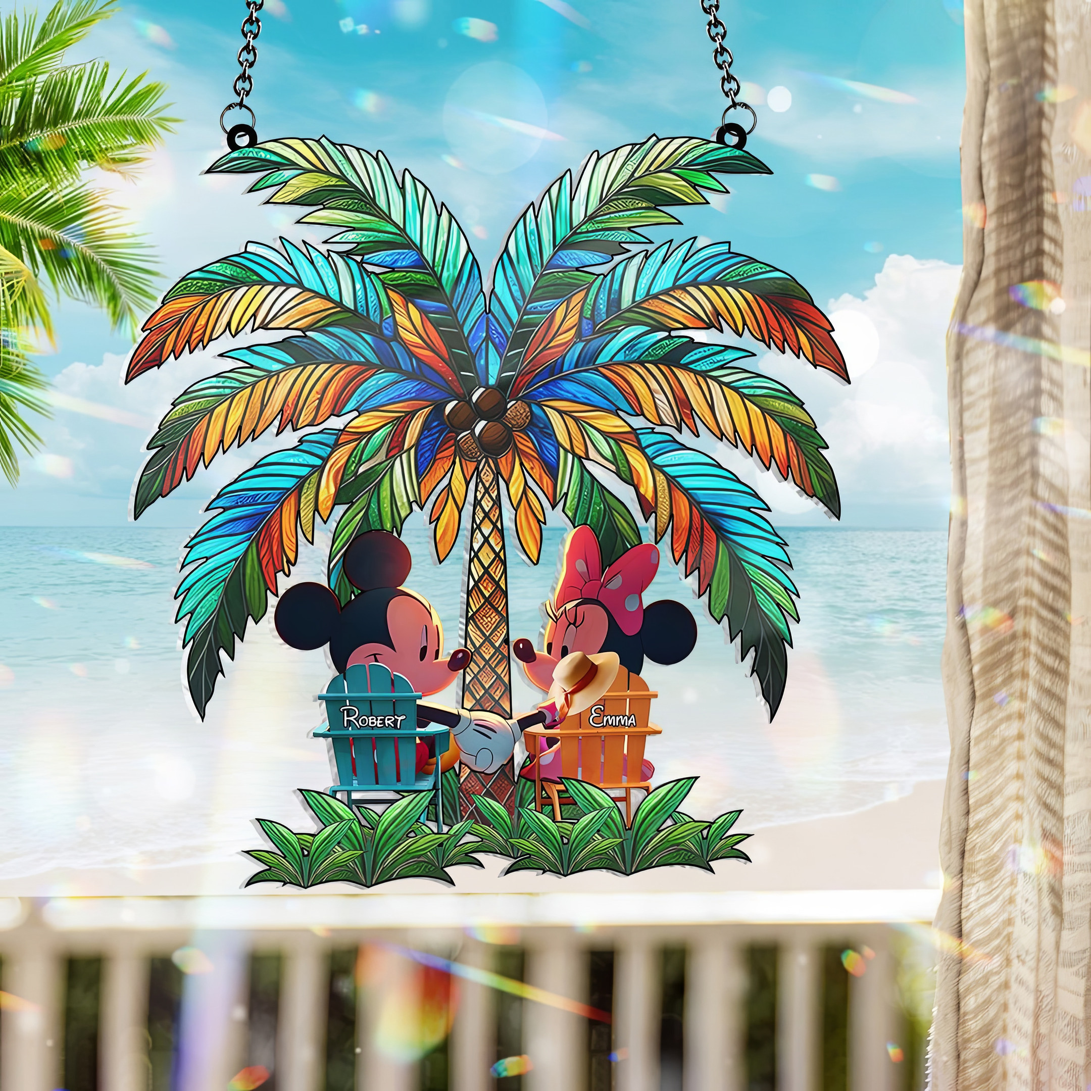 Custom Mickey Mouse Couple Under The Palm Tree Happy Acrylic Window Ornament Gift For Couples-1