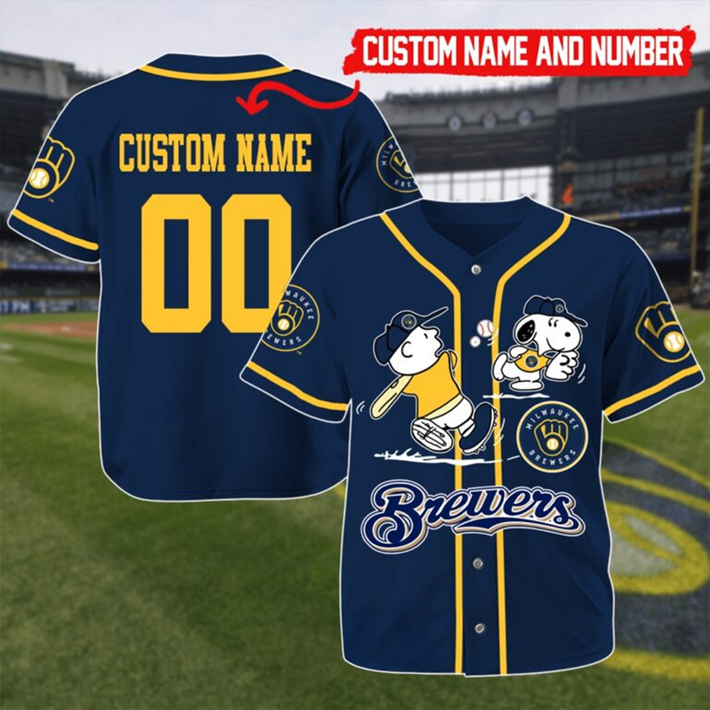 Custom Milwaukee Brewers Mix Charlie Brown And Snoopy Playing Baseball Jersey Brewers Merch-1