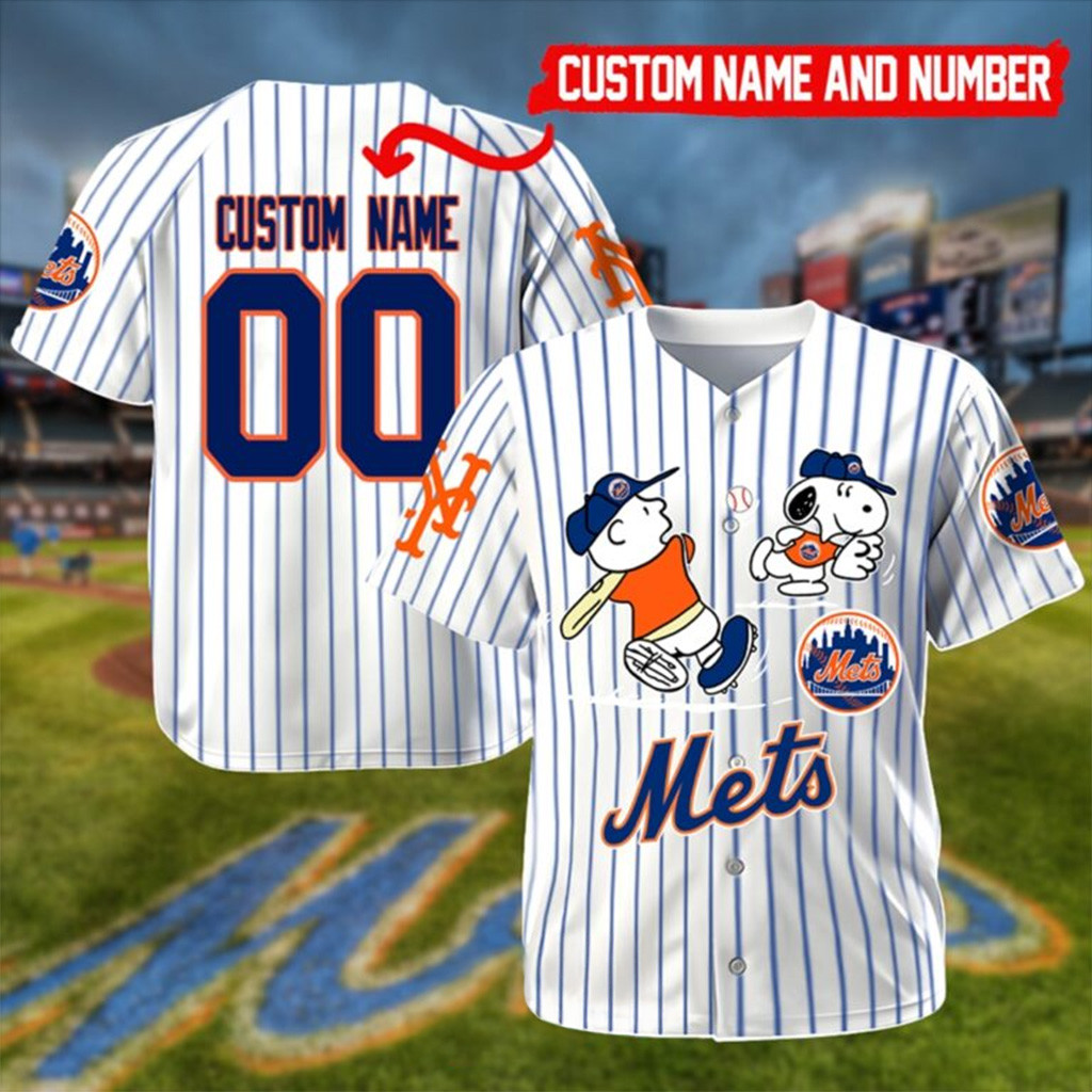 Custom New York Mets Mix Charlie Brown and Snoopy Baseball Jersey New York Mets Merch-1