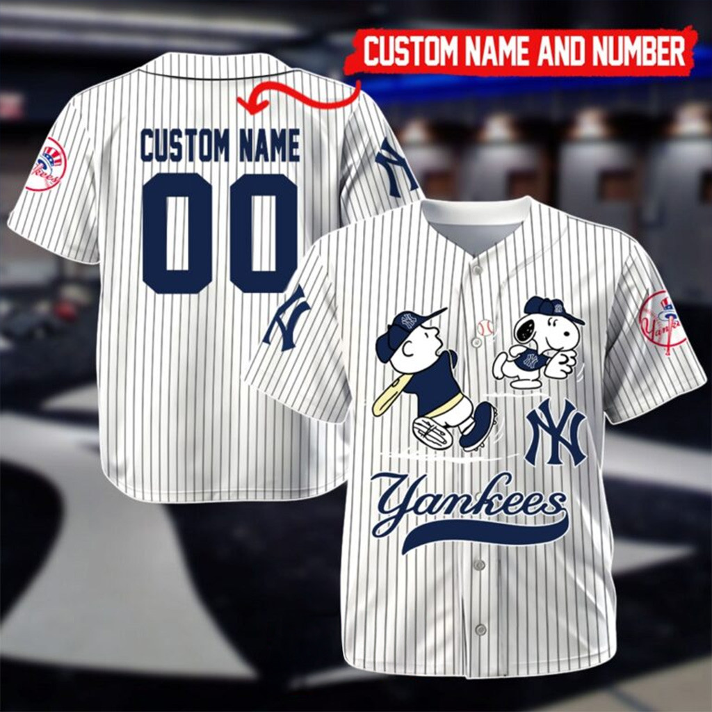 Custom New York Yankees Mix Charlie Brown and Snoopy Playing Baseball Jersey Yankees Merch-1