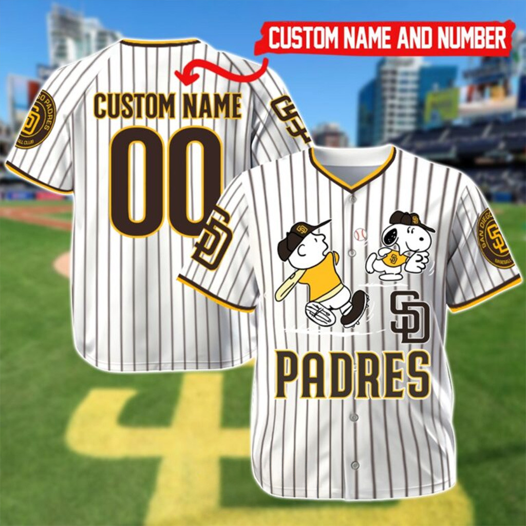 Custom San Diego Padres Charlie Brown And Snoopy Playing Baseball Jersey Padres Merch-1 Custom San Diego Padres Charlie Brown And Snoopy Playing Baseball Jersey Padres Merch-1