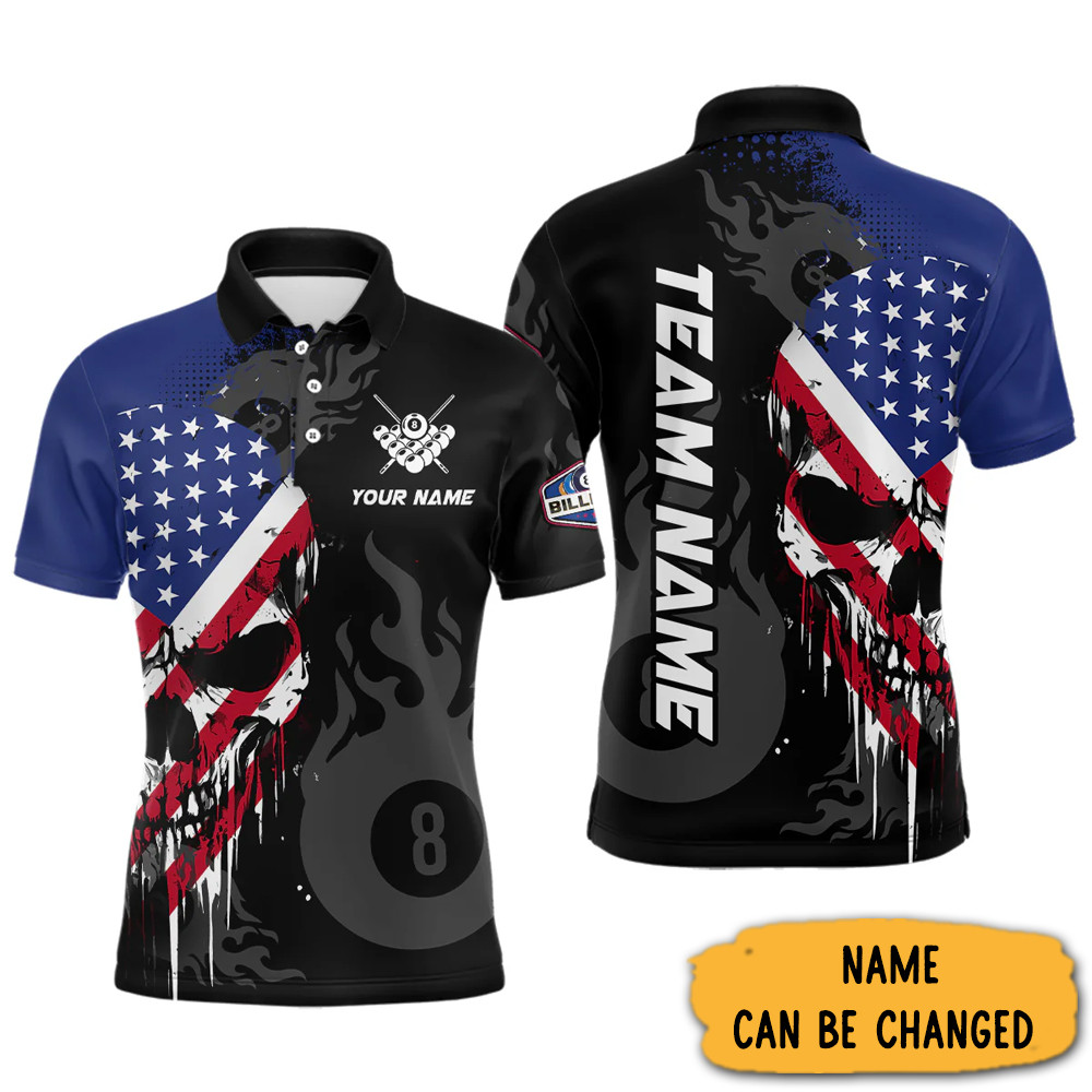 Custom Skull 8 Ball Pool Billiard American Flag Polo Shirt Patriotic Billiard Team Gifts-1