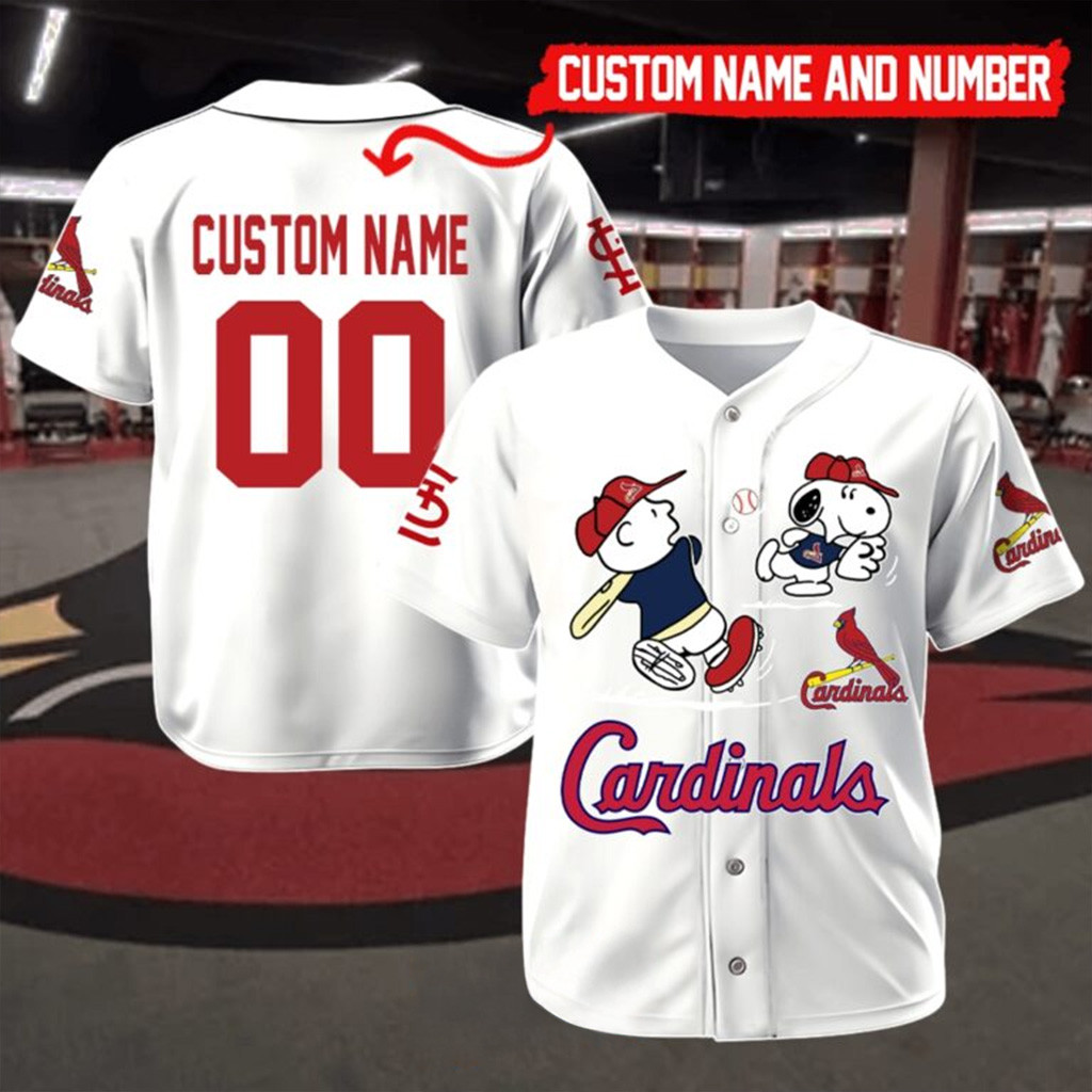 Custom St Louis Cardinals Mix Charlie Brown and Snoopy Baseball Jersey Cardinals Merch-1