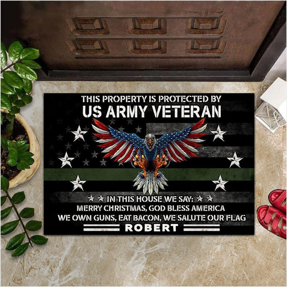 Custom This Property Is Protected By US Army Veteran Doormat Patriotic Eagle Military Doormat-1