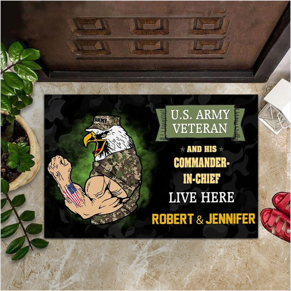 Custom US Army Veteran And His Commander-In-Chief Doormat Eagle In Uniform Military Doormat-1