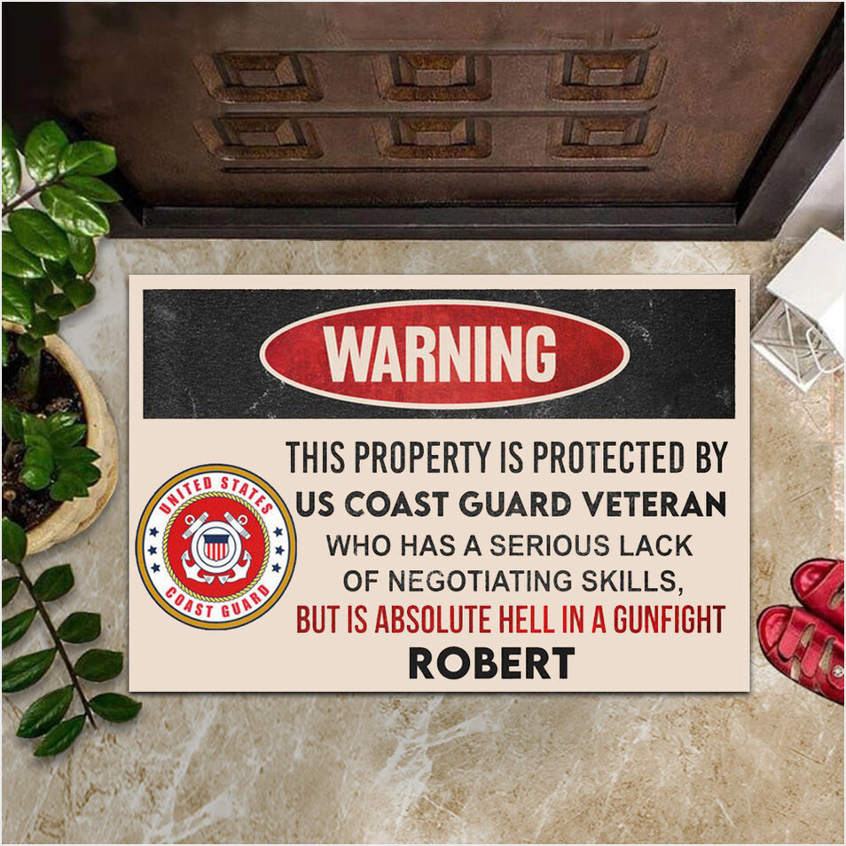 Custom US Coast Guard Veteran Doormat Warning This Property Is Protected By USCG Veteran Mat-1
