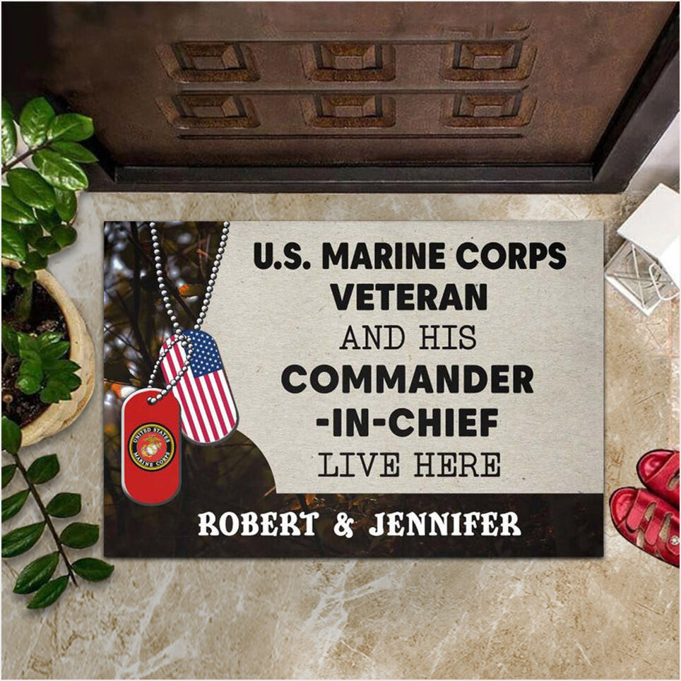 Custom US Marine Corps Veteran And His Commander In Chief Live Here Doormat USMC Veterans Gifts-1