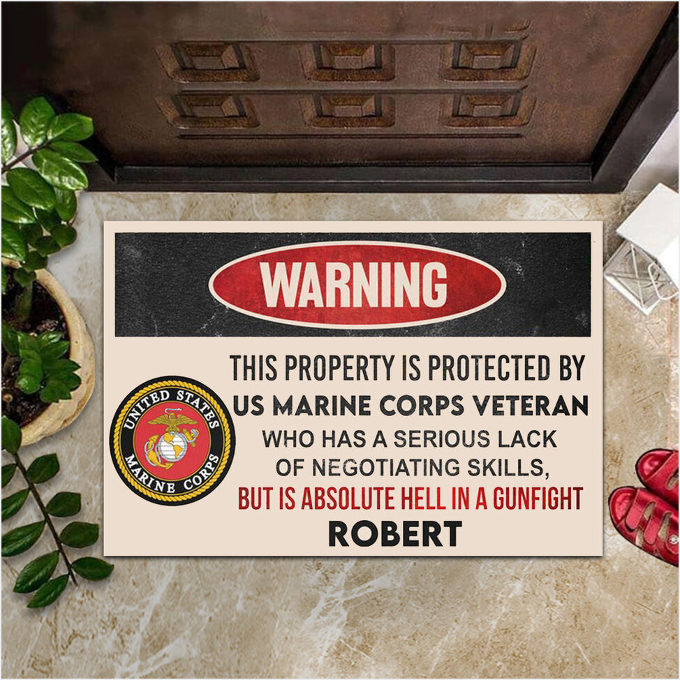 Custom US Marine Corps Veteran Doormat Warning This Property Is Protected By USMC Veteran Mat-1