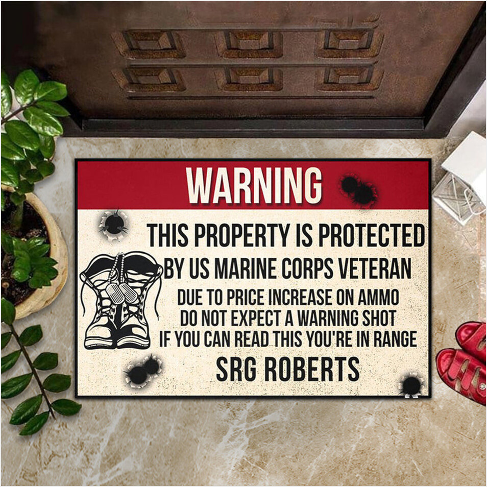 Custom US Marine Corps Veteran Doormat Warning This Property Is Protected Veteran Mat-1