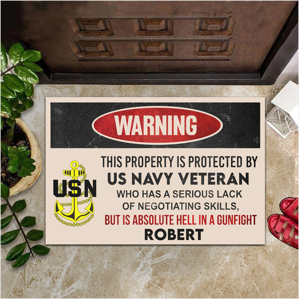 Custom US Navy Veteran Doormat Warning This Property Is Protected By USN Veteran Door Mat-1