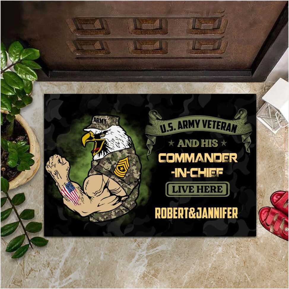 Custom Us Army Veteran And His Commander In Chief Live Here Doormat Army Eagle Funny Door Mat-1