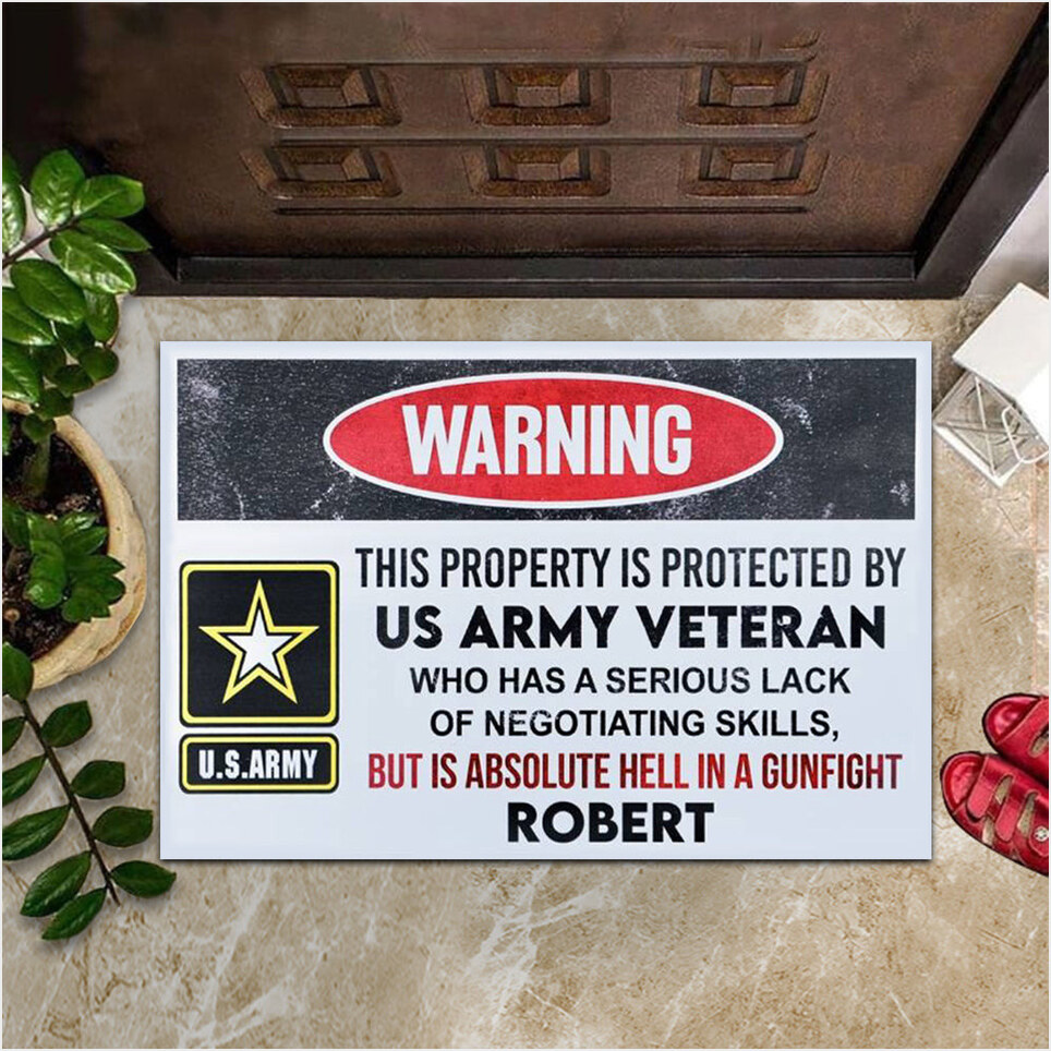 Custom Warning This Property Is Protected By US Army Veteran Doormat Veteran day Gift Ideas-1