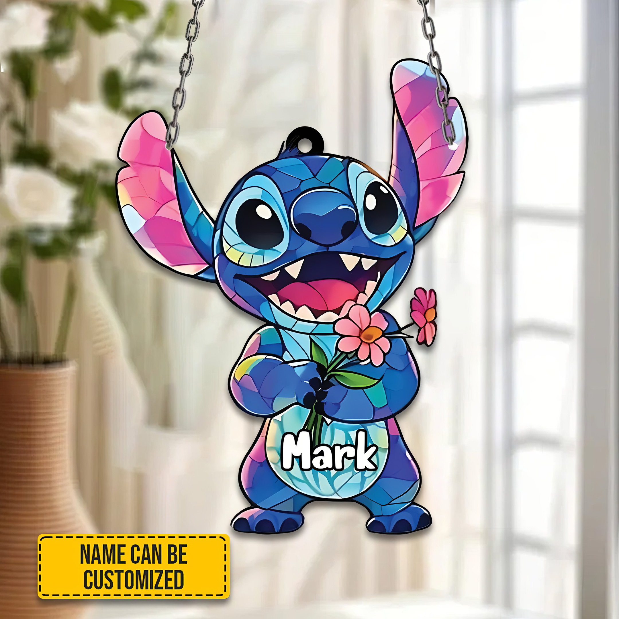 Customized Blue Stitch With Flowers Acrylic Window Ornament Stitch Lovers Gifts-1