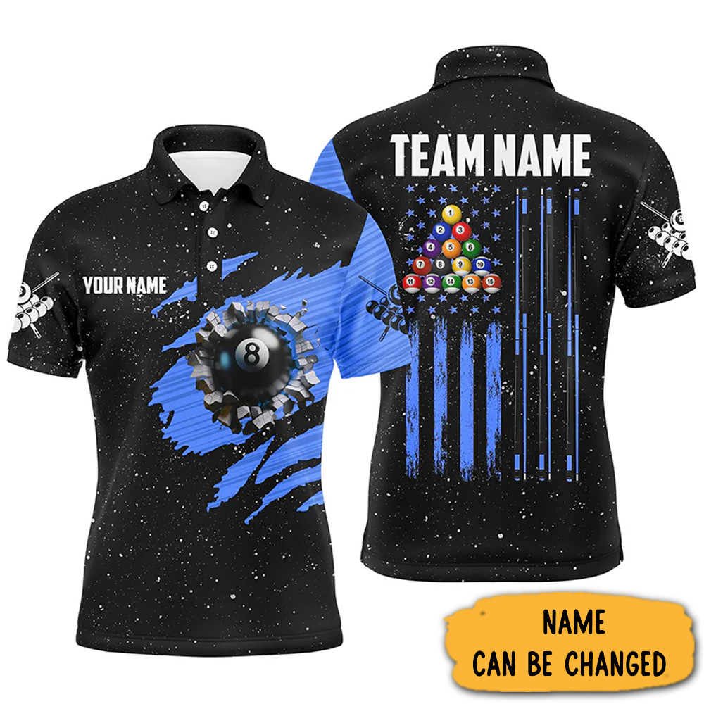Customized Grunge American Flag 8 Ball Pool Billiard Polo Shirts Pool Players Gifts-1