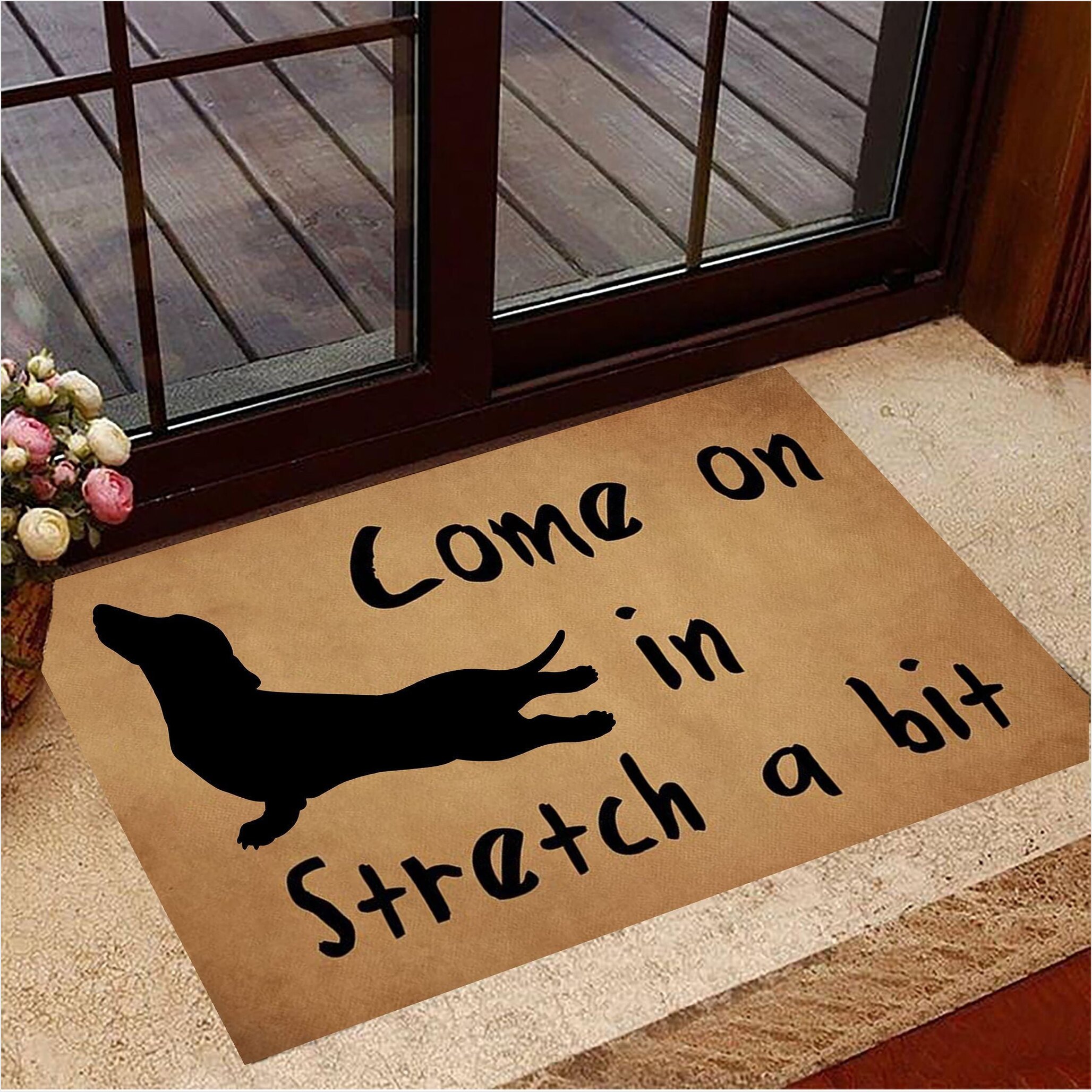 Dachshund Come On in Stretch A Bit Doormat Funny Door Mats Yoga Gifts For Her Yoga Lovers-1