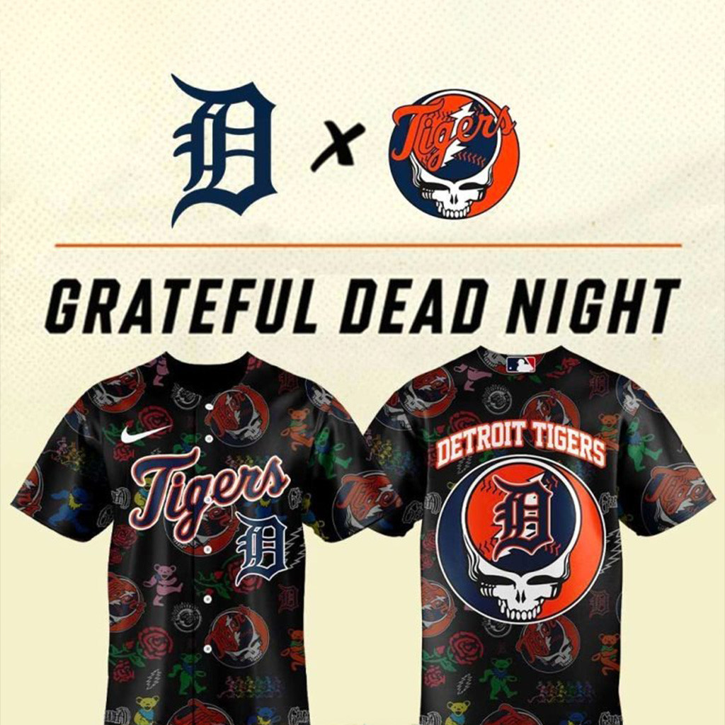 Detroit Tigers Grateful Dead Night Black Jersey Detroit Tigers Merch Gifts For Baseball Lovers-1