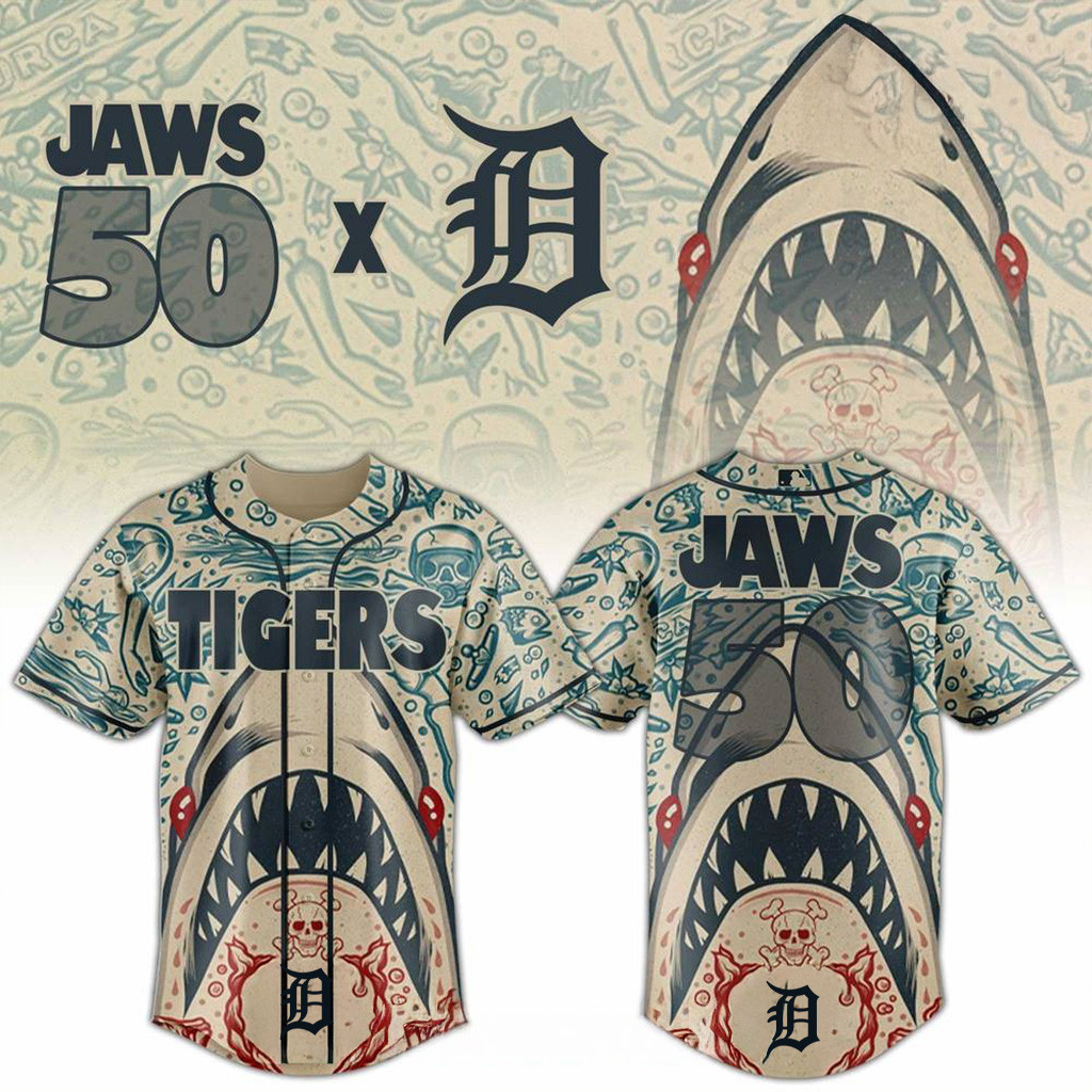 Detroit Tigers X Jaws 50th Jersey Detroit Tigers Merch Best Gifts For Baseball Fans-1