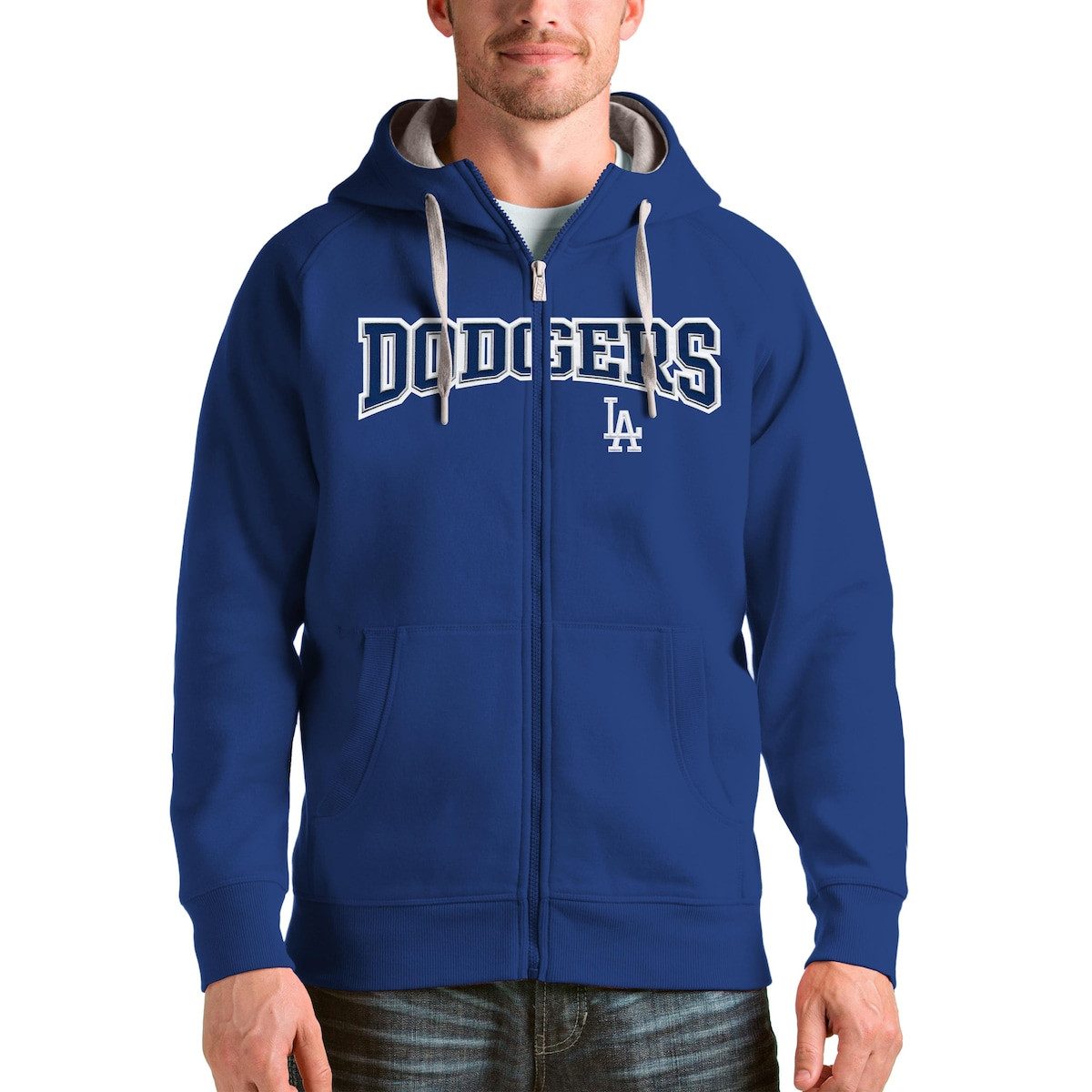Dodgers World Series Merch 2025 Los Angeles Dodgers Antigua Royal Team Logo Victory Zip Hoodie-1