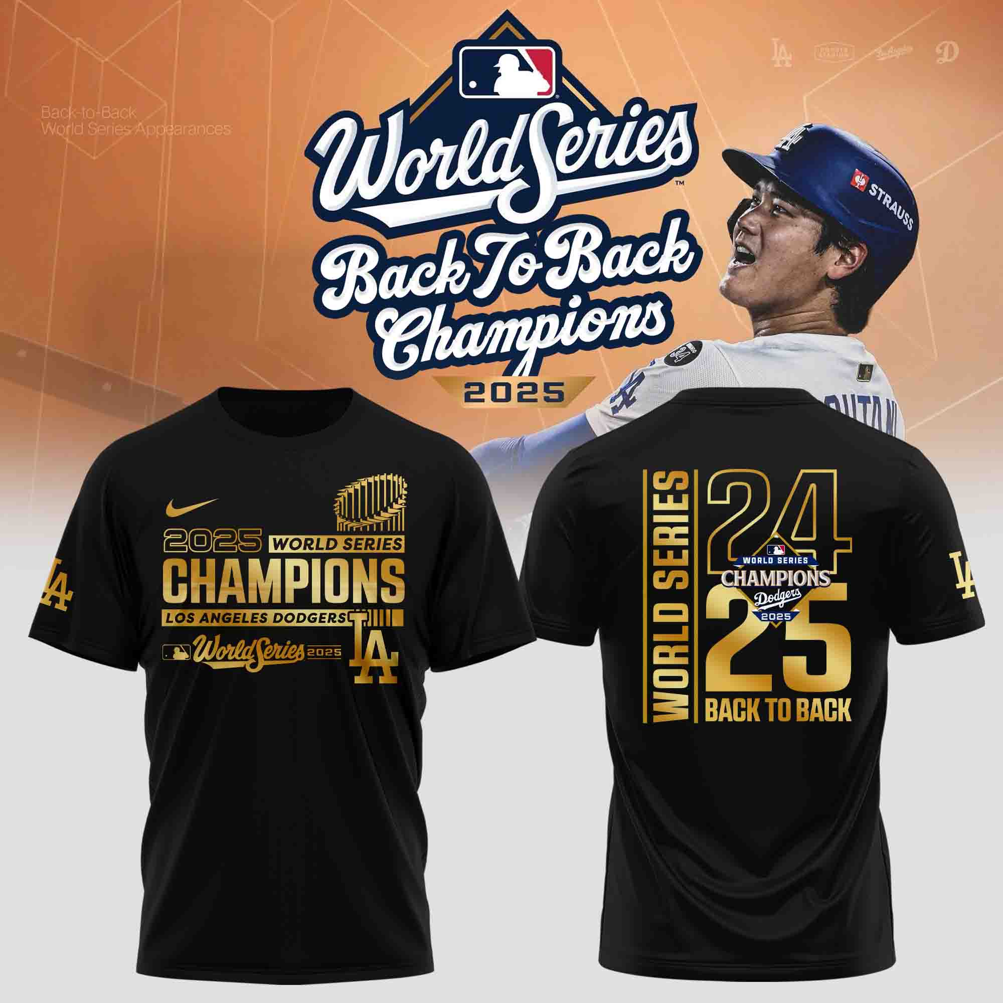 Dodgers World Series Merch 2025 Los Angeles Dodgers Back To Back Champions T-Shirt Black-1
