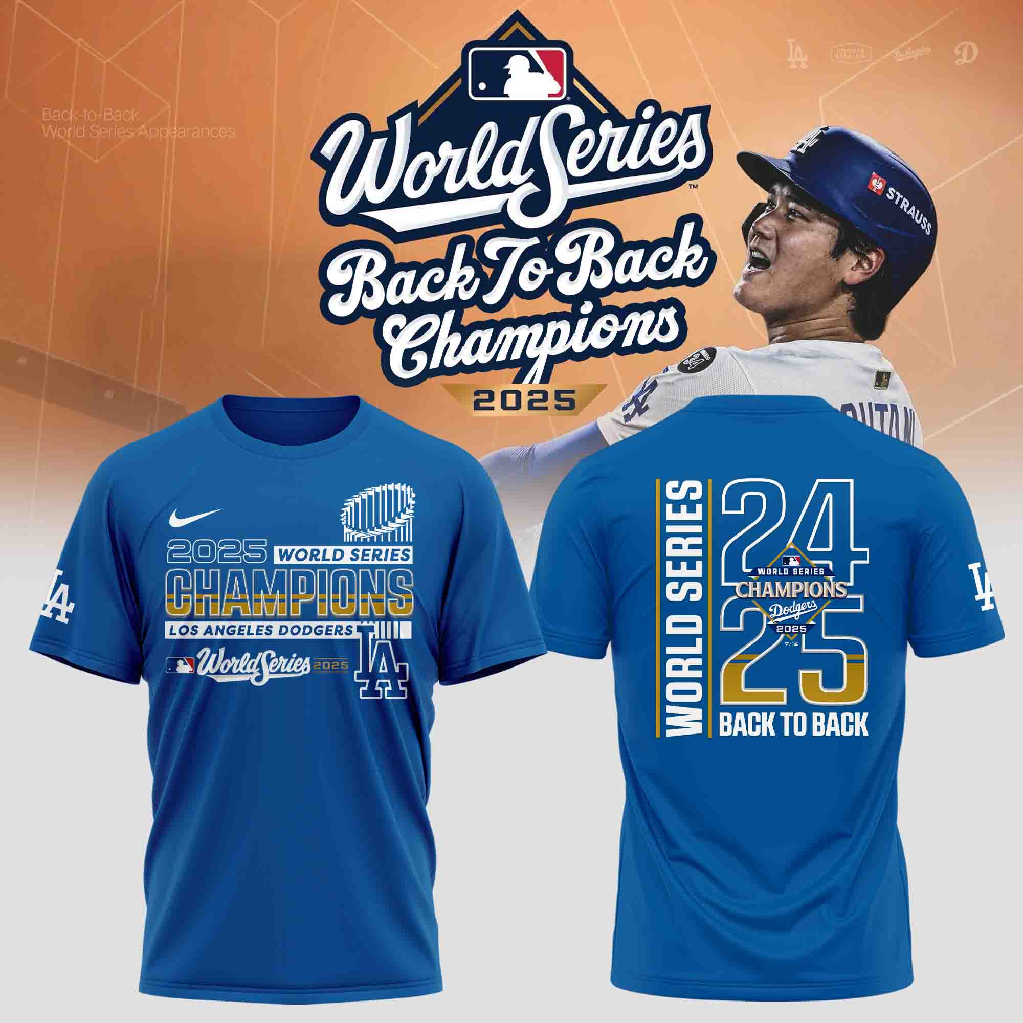 Dodgers World Series Merch 2025 Los Angeles Dodgers Back To Back Champions T-Shirt Royal-1