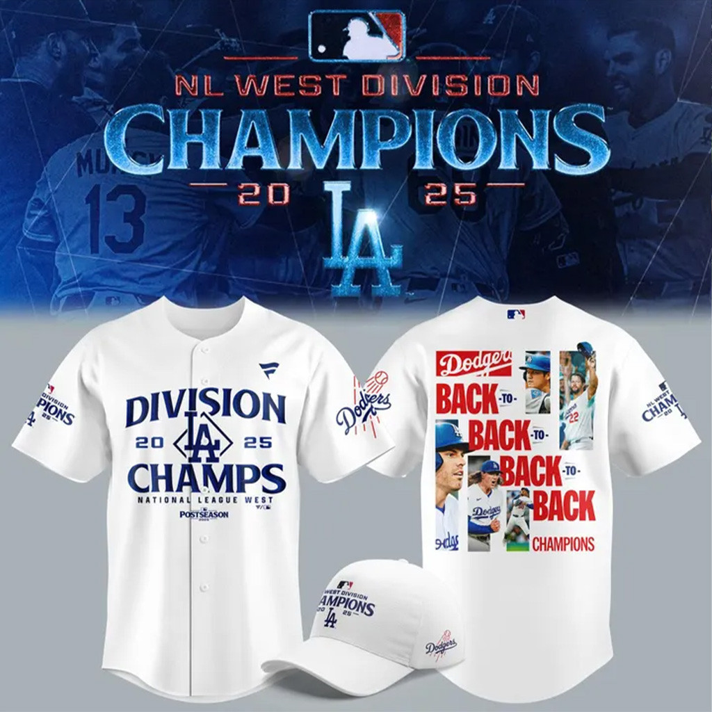 Dodgers World Series Merch 2025 Los Angeles Dodgers Royal NL West Division Champs 2025 Jersey White-1