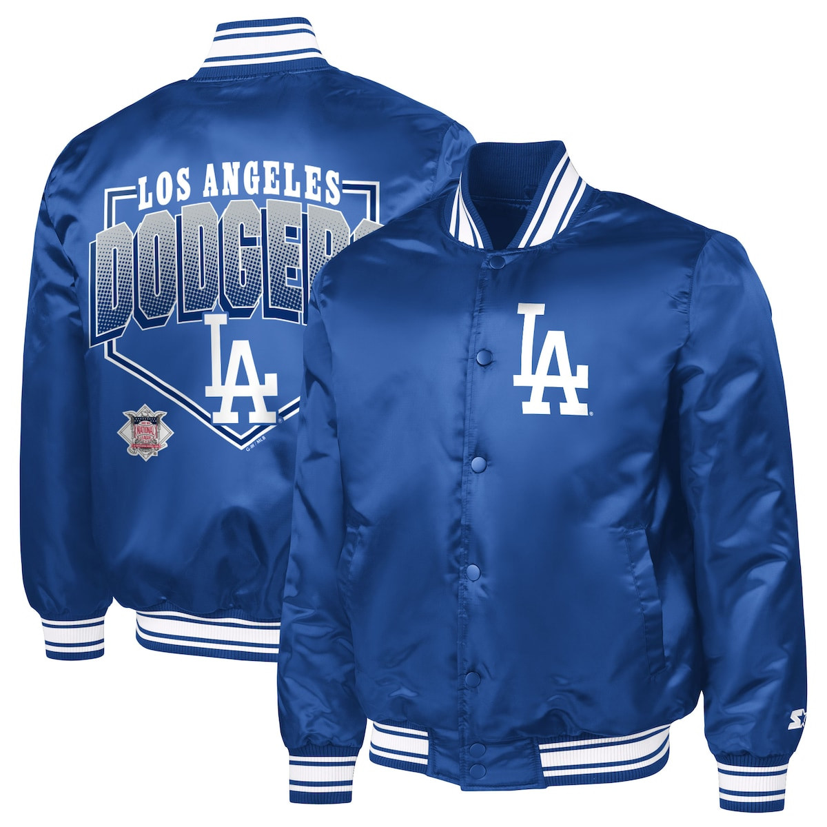 Dodgers World Series Merch 2025 Los Angeles Dodgers Starter Royal Home Plate Varsity Jacket-1