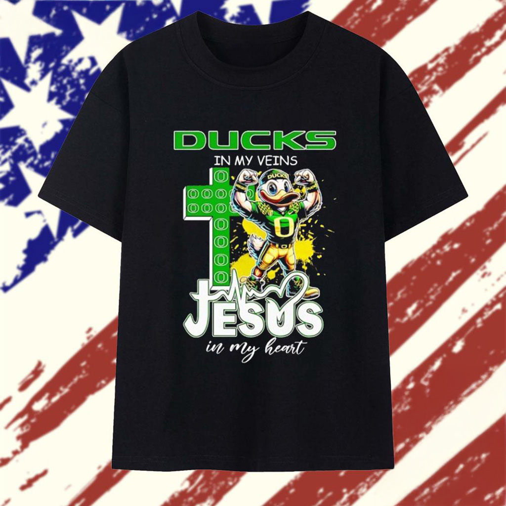 Ducks In My Veins Jesus In My Heart Mascot T-Shirt Oregon Ducks Merch Gift For Football Fans-1