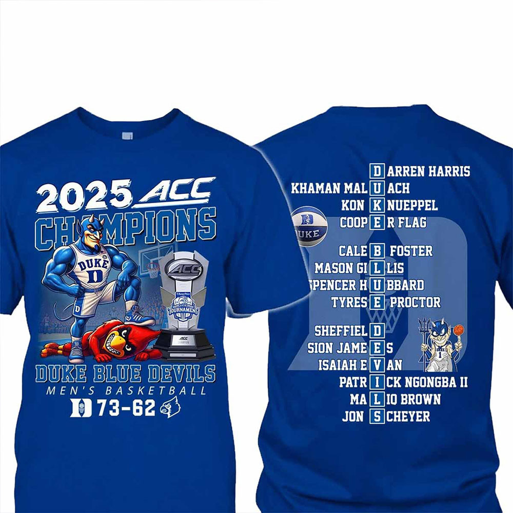 Duke Blue Devils Men's Basketball Stomp Louisville Cardinals 2025 ACC Champions Mascots T-Shirt-1