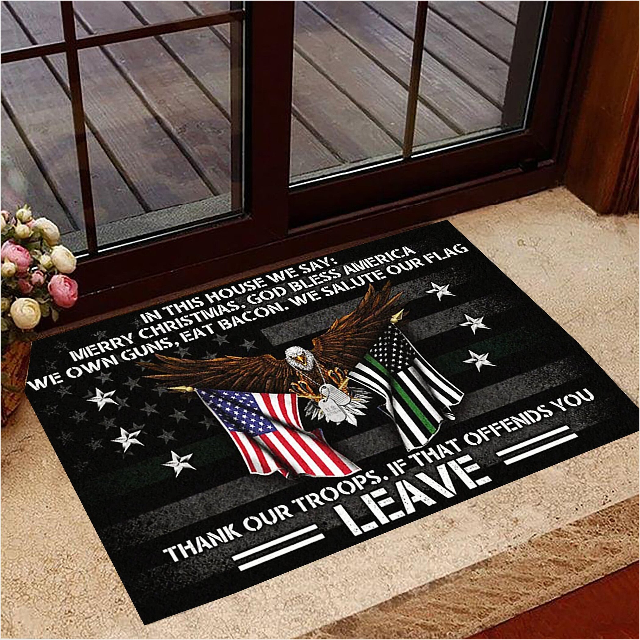 Eagle In This House We Say Merry Christmas Doormat USA Thin Thin Flag Christmas Gift For Vet-1